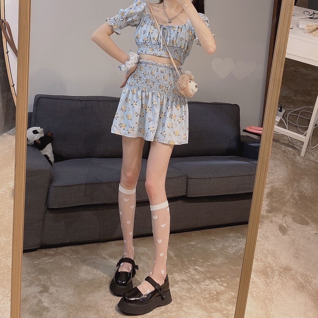 Tất Bắp Chân Vải Lụa Màu Đen In Hình Trái Tim Ngọt Ngào Phong Cách lolita Dễ Phối Đồ Thời Trang Xuân Thu Cho Nữ