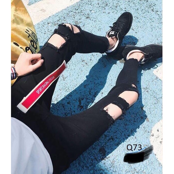 Quần Jeans Nam Đen Rách Gối to- rách đùi to Form Dáng Skinny Đứng Dáng Ôm Chân Đẹp, Co giãn Tốt