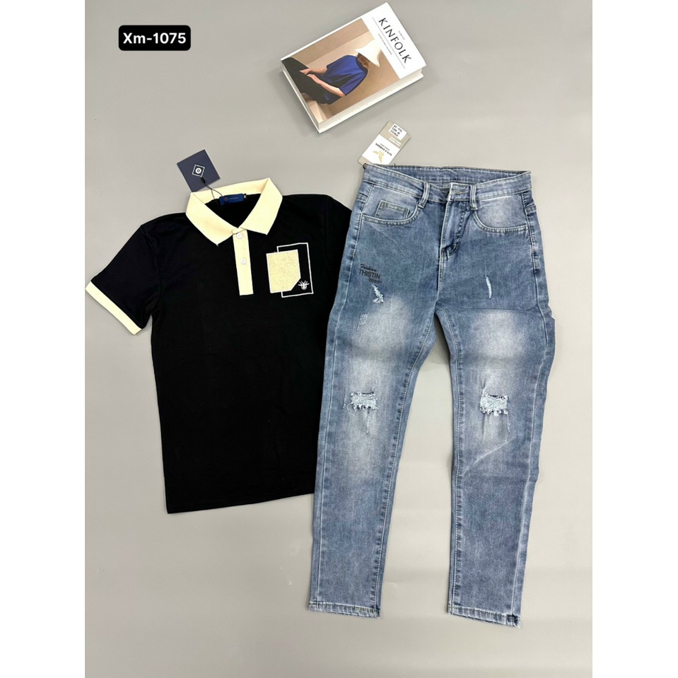 Quần jeans nam xanh sáng rách gối cực ngầu, quần jean nam co giãn mẫu mới trẻ trung