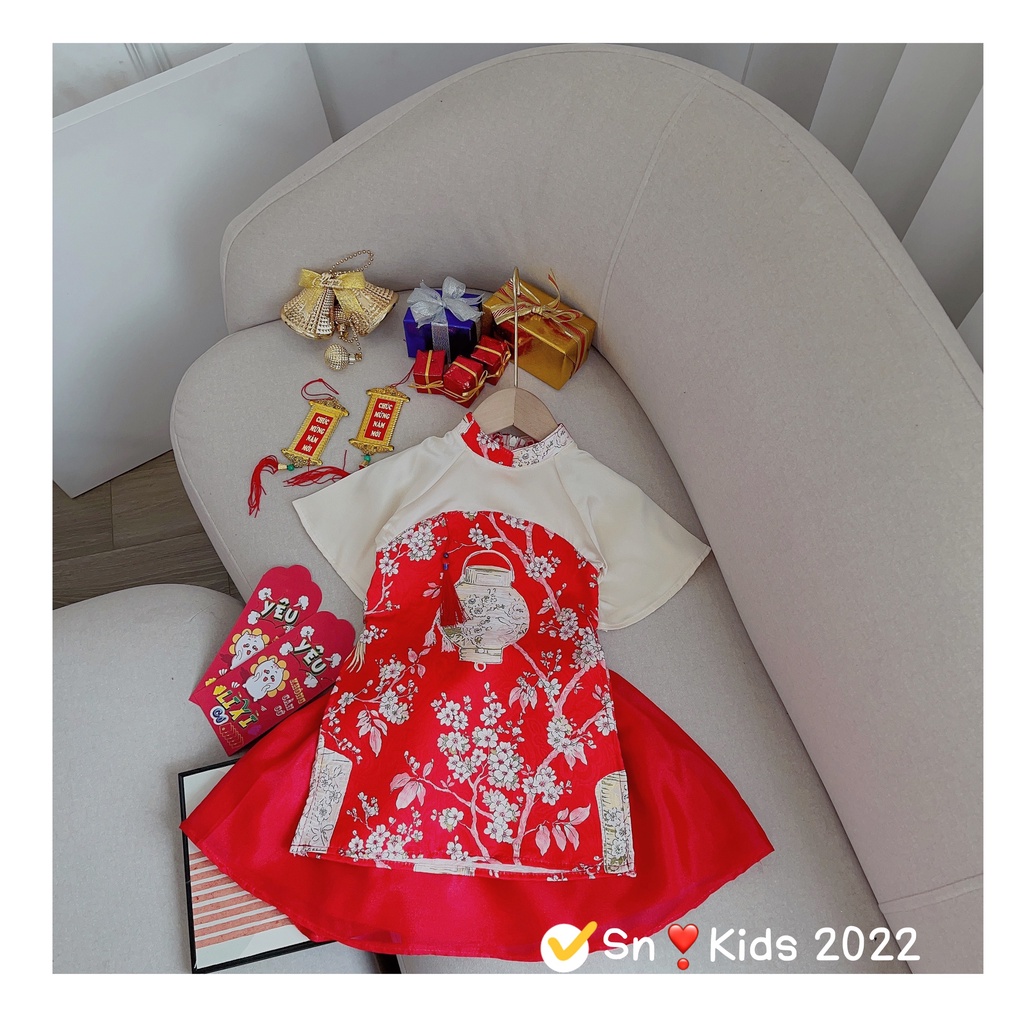 Áo dài bé gái, áo dài cách tân hoa Mộc Lan kèm chân váy cho bé size 13-30kg