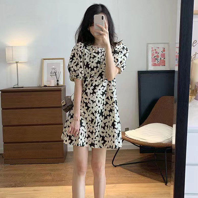 Aphrod   Đầm Tay Phồng Dáng Rộng In Họa Tiết Đơn Giản Thời Trang Pháp Cổ Điển Cho Nữ