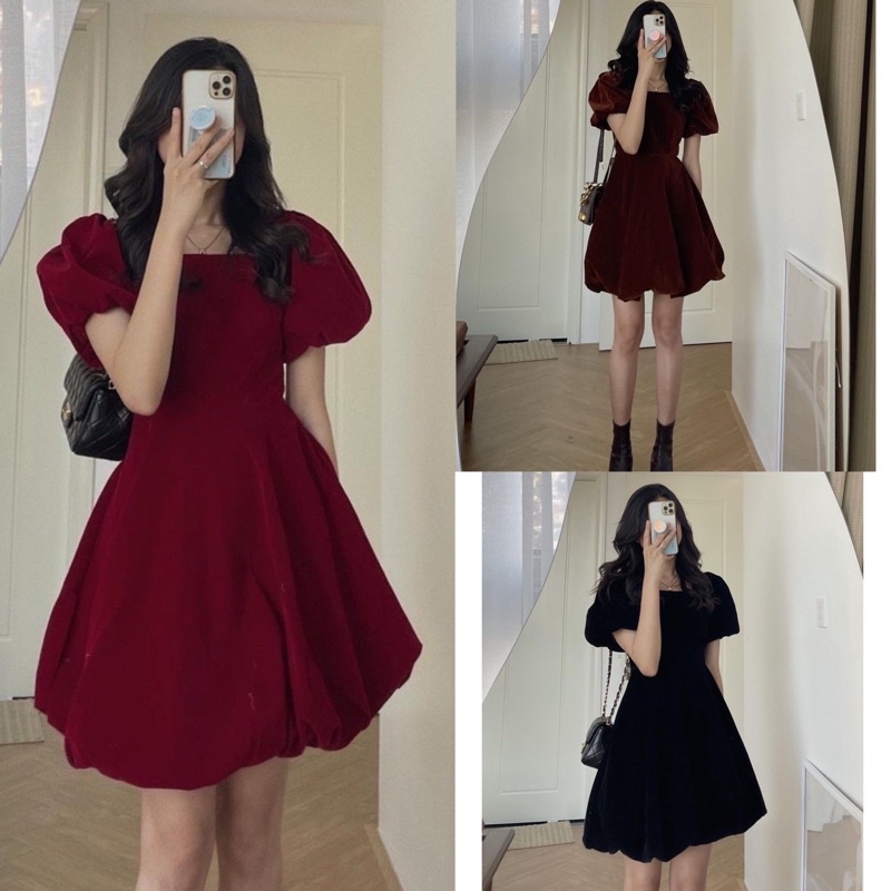 Đầm Nhung Nữ Tay Bồng , Váy ĐỎ Diện Noel