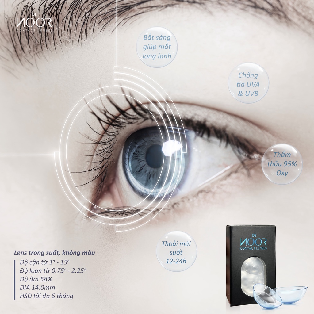 Lens Cận Trong Suốt, Không Màu Cho Mắt Nhạy Cảm - Kính Áp Tròng Silicone Hydrogel - Êm Ái Suốt 24H - DeNOOR