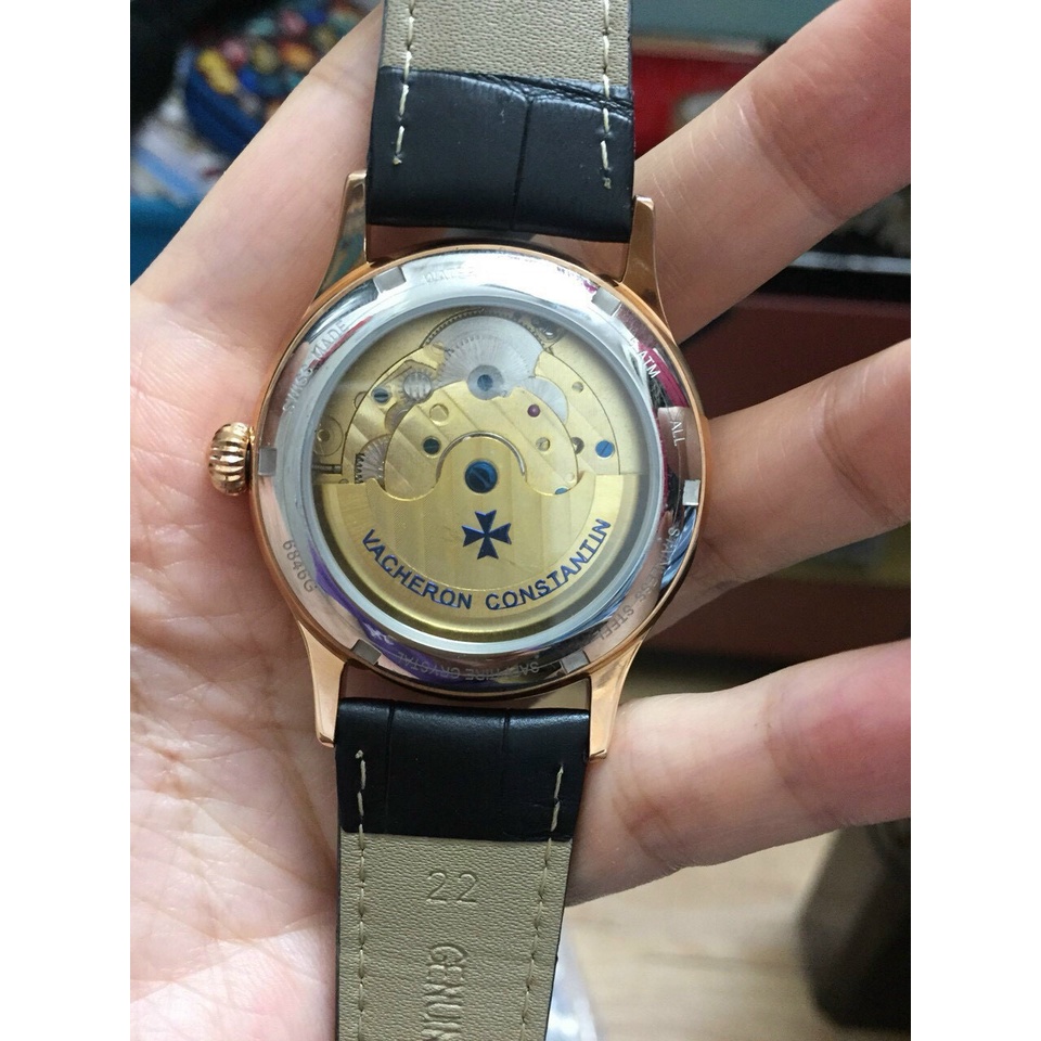 Đồng hồ Nam Patex 6kim cơ automatic máy nhật vàng có lịch thứ ngày trăng sao dây da