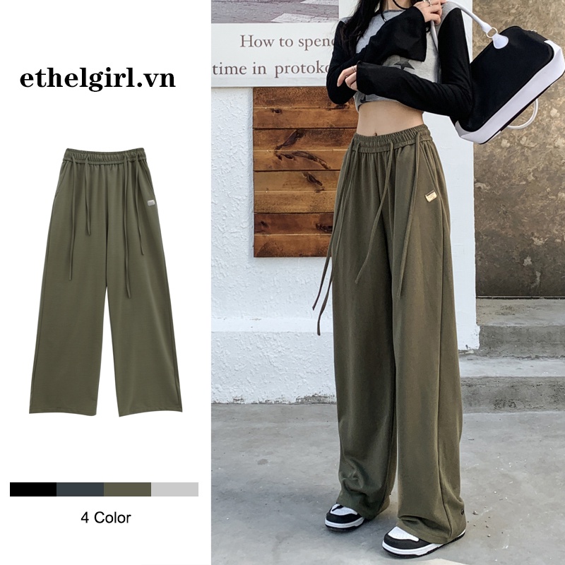 Ethelgirl Quần Thể Thao Lưng Cao Ống Rộng Có Dây Rút 4 Màu Sắc Chọn Lựa Phong Cách Hàn Quốc Cho Nữ