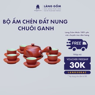 Bộ ấm chén uống trà tử sa đất nung, dáng chuôi ganh, gốm sứ Bát Tràng cao cấp - LÀNG GỐM