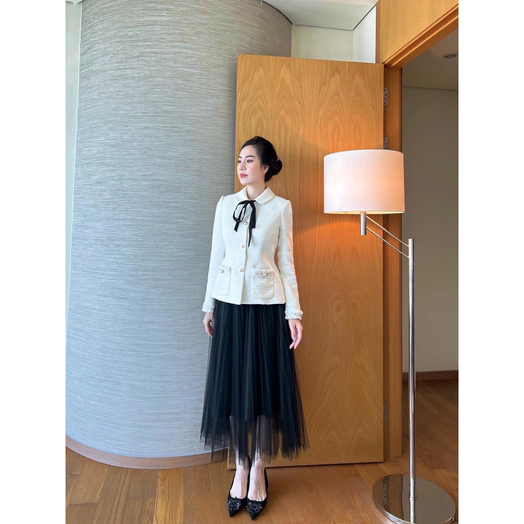 Áo dạ tweed ALENA Fashion áo khoác mùa đông nơ cổ phối chân váy xoè dáng dài tiểu thư đen phong cách Hàn Quốc trẻ trung