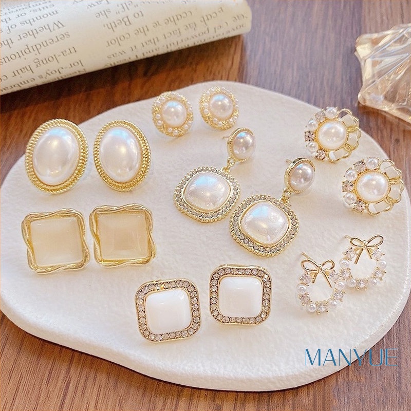 Khuyên tai nữ MANYUE thiết kế hình học đính ngọc trai đơn giản cổ điển Hàn Quốc