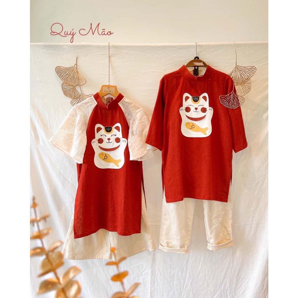 Bộ áo dài đôi cách tân mèo thần tài cho bé trai bé gái 10-20kg