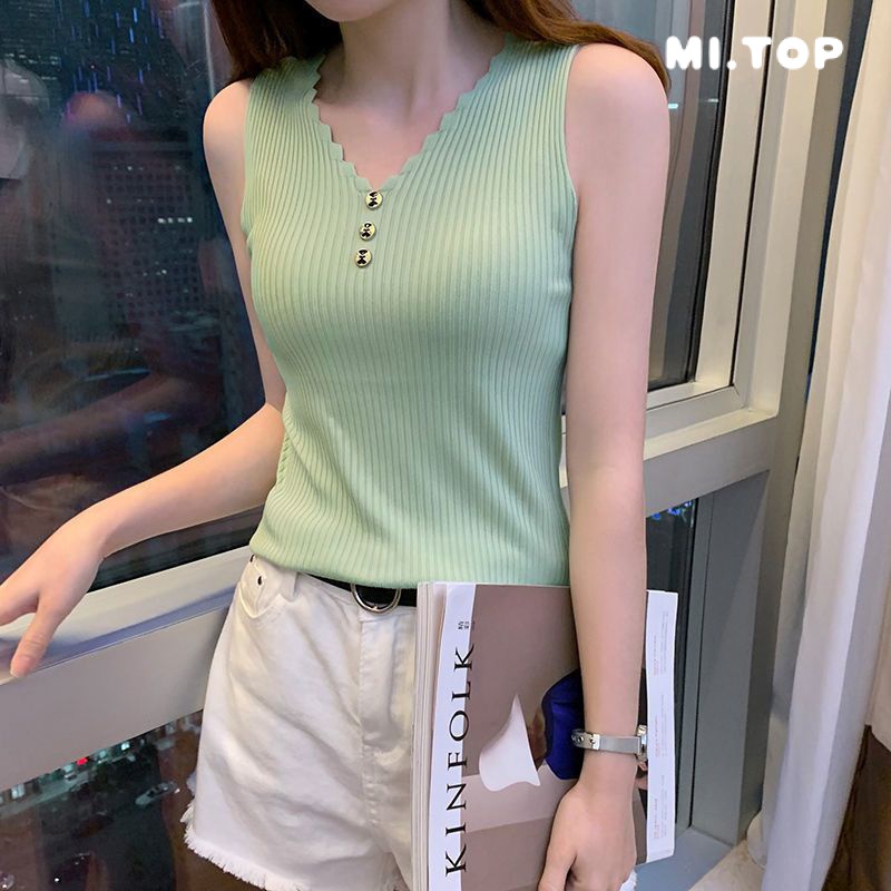 Áo Dệt Kim Sát Nách Dáng Rộng Cổ Chữ v Thời Trang Mùa Hè Cho Nữ 8073
