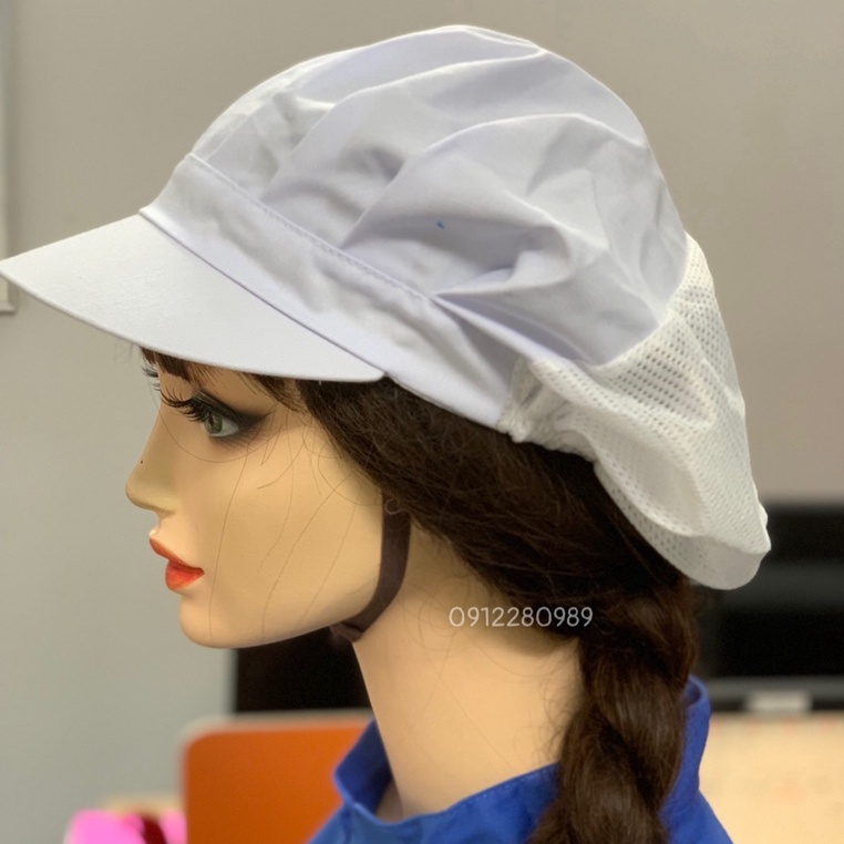 Nón thủy sản phối lưới, nón trùm tóc bảo hộ công nhân thực phẩm vải kaki _ Hình chụp thật