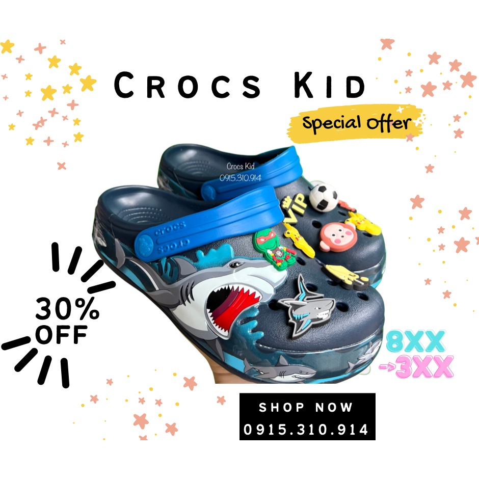 Dép Crocs Kid Shark 🔥 TẶNG 10 JIBBITZ 🔥Dép Crocs Kid Shark cá mập cho bé trai siêu dễ thương