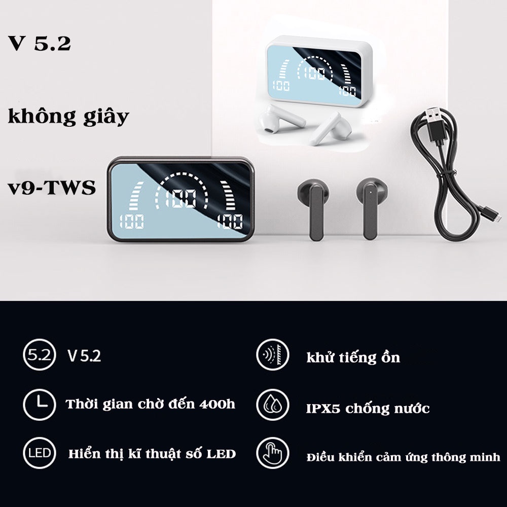 Tai nghe nhét tai mini S20 Bluetooth 5.2 không dây thể thao phối mặt gương với 3D Touch LED chống thấm nước