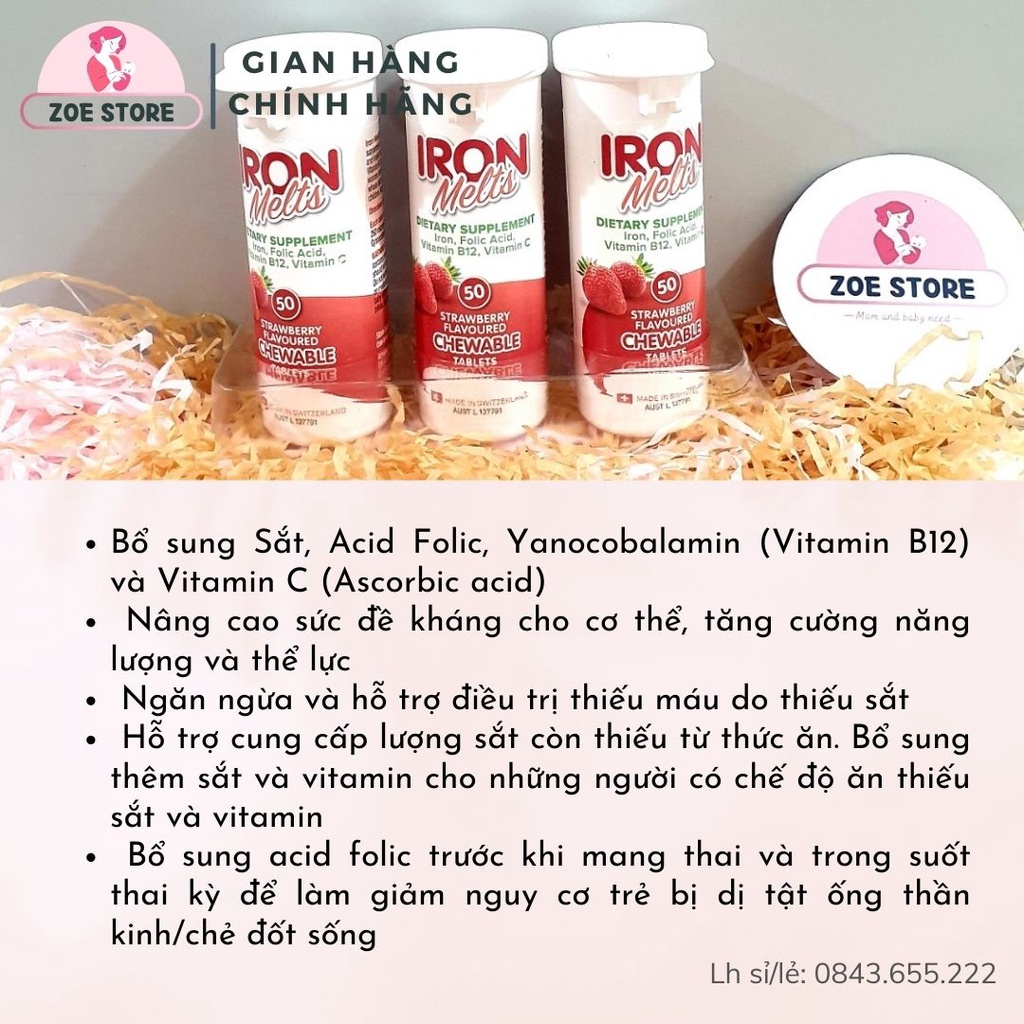 Viên sắt ngậm Iron Melts vị dâu 50 viên của Úc