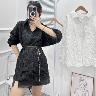 Áo sơ mi nữ dáng rộng oversize chất gấm xốp hoa nổi 3d dài tay - hanju