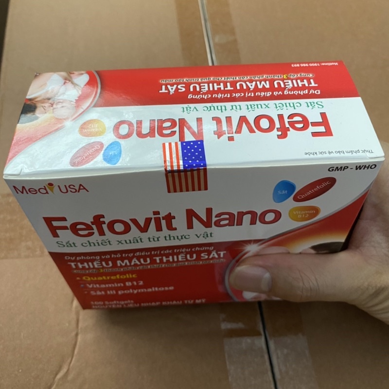 Hộp 100 Viên uống bổ máu FEFOVIT NANO sắt chiết xuất từ thực vật - Bổ sung sắt III và Acid Folic cho cơ thể tạo máu