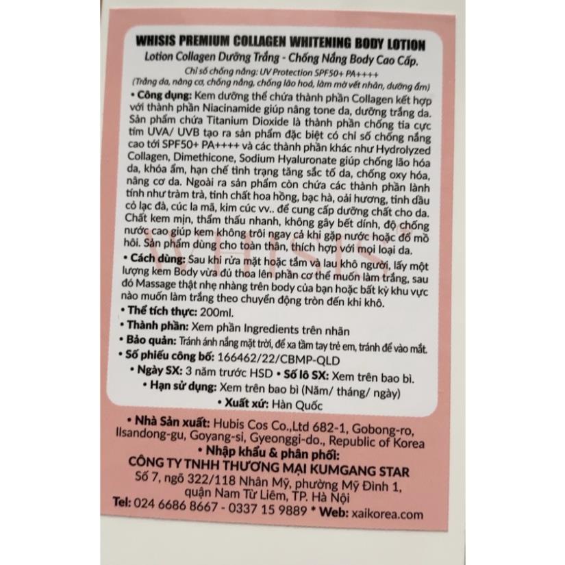 Kem Dưỡng Thể WHISIS Chống Nắng Trắng Da - Premium Collagen Whitening Body Lotion 200ml - SUE HOUSE | BigBuy360 - bigbuy360.vn