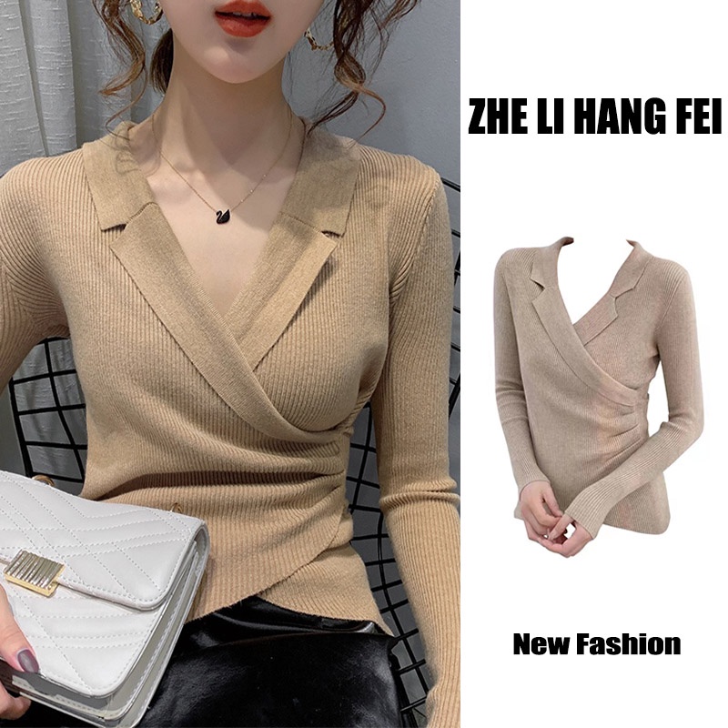 Áo len ZHELIHANGFEI tay dài cổ chữ V phong cách thời trang phương Tây tùy chọn màu sắc