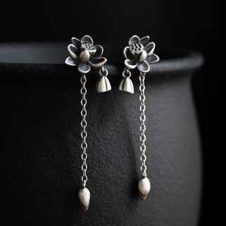 Miyan 925 Bông Tai Bạc Retro Nghệ Thuật Tươi Sen Sen Sen Nhỏ Mặt Dây Chuyền Bông Tai Dài Bông Tai Bạc Nữ