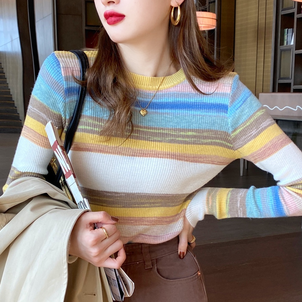 Áo Len Tay Dài Dáng Ôm Họa Tiết Kẻ Sọc Ngang Màu Cầu Vồng Phong Cách Mới Dành Cho Bạn Nữ