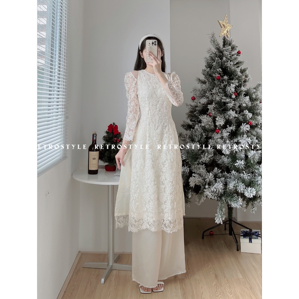 Set áo dài ren khoét vai hoa nổi 2 lớp mã aodairenkhoetvai