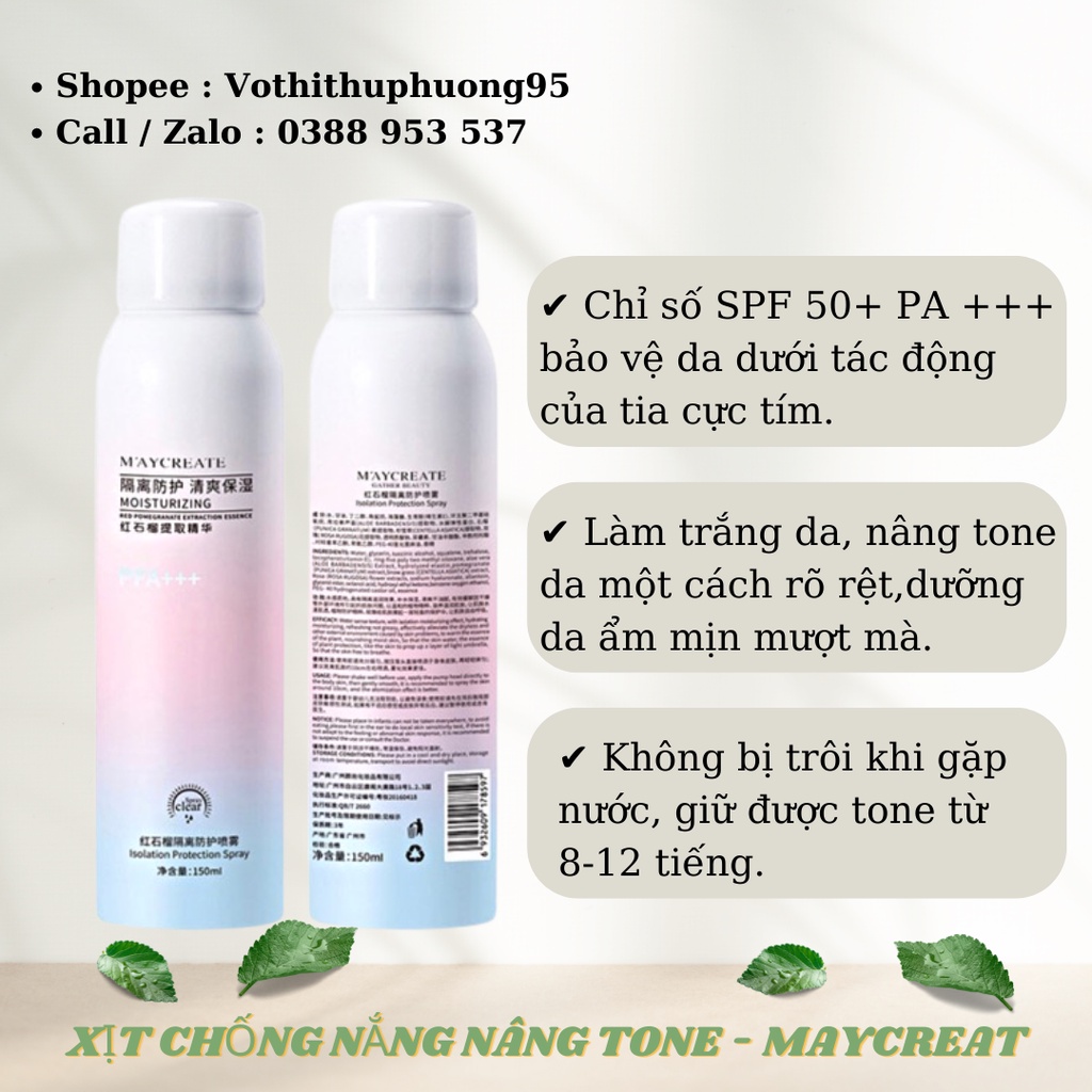 Xịt Chống Nắng Dưỡng Trắng Da MayCreate Moisturizing 150ml