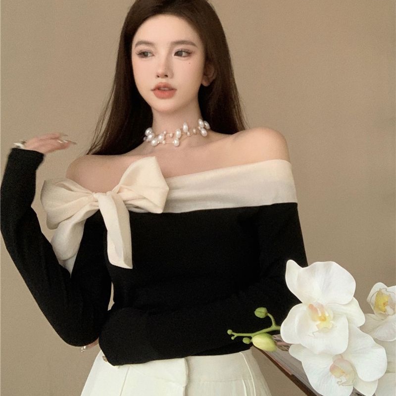 IELGY  Áo Thun Lệch Vai Thắt Nơ Dễ Phối Đồ Thời Trang Cho Nữ