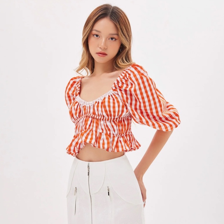 Áo croptop SheByShj tay phồng ca rô cam - Eira Top