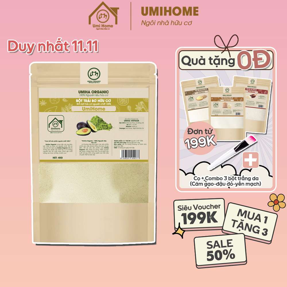 Bột Trái Bơ hữu cơ UMIHOME nguyên chất 40g bột đắp mặt nạ trắng da mờ thâm nám, chống lão hóa và giảm nếp nhăn