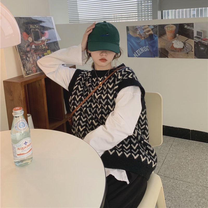 Áo Dệt Kim Sát Nách Dáng Rộng Cổ Chữ V Màu Sắc Trẻ Trung Phong Cách Hàn Quốc