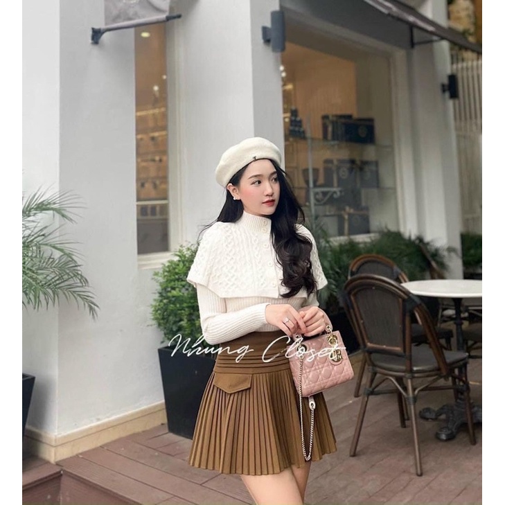 Set áo len lông thỏ hai món chùm vai khuy siêu xinh