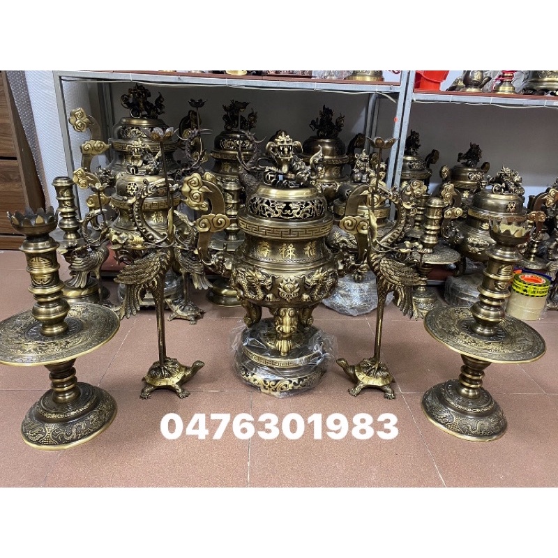 Bộ đỉnh thờ lư thờ ngũ sự đỉnh hạc nến hàng đúc thủ công liền khối cao 65cm