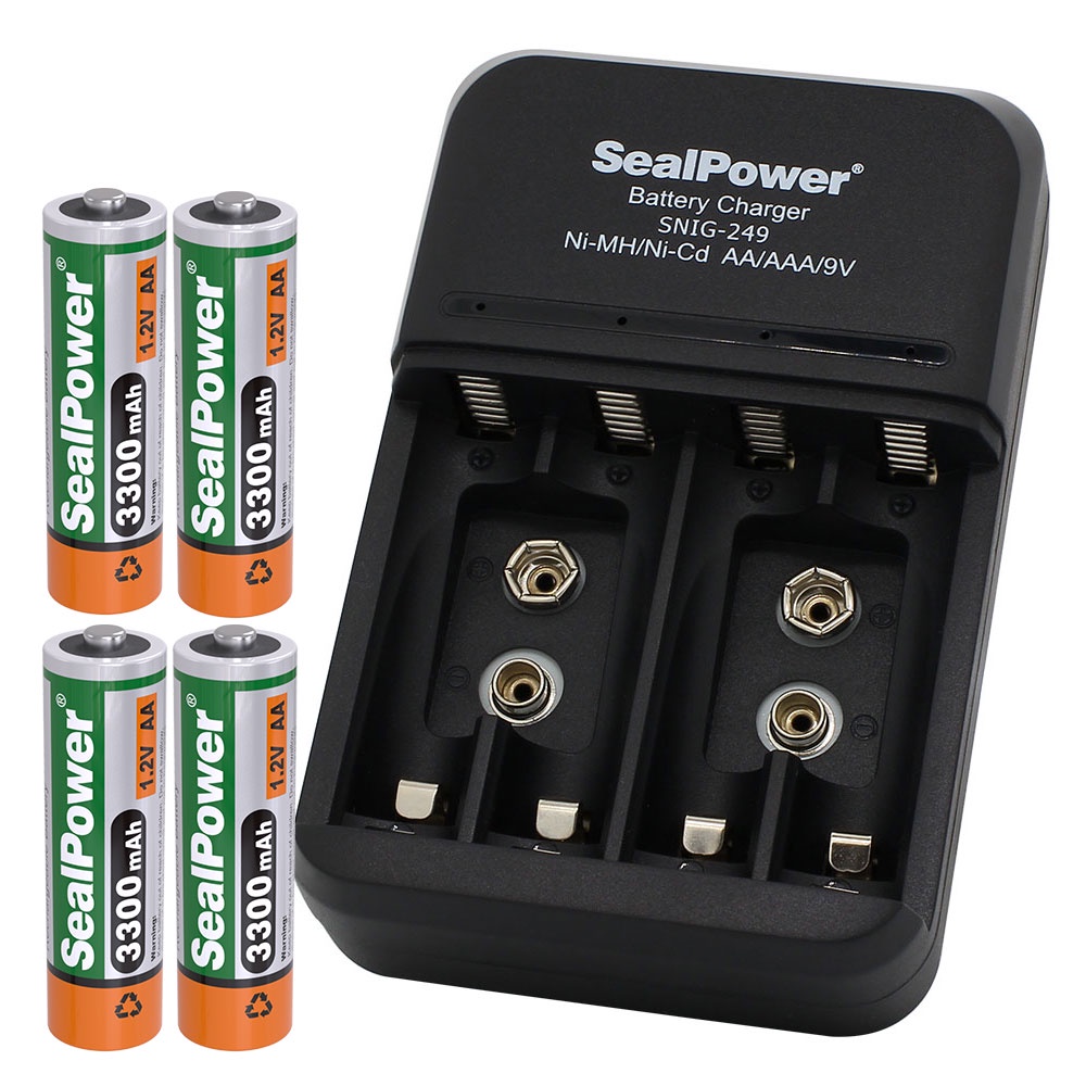 Máy sạc SealPower SNIG-249 kèm pin sạc AA 3000mAh /AAA 1000mAh/ 9V 300mAh,, sạc 4 kênh độc lập + 2 kênh 9V đa năng