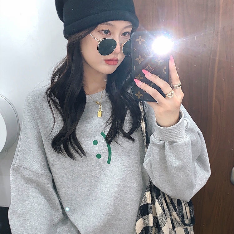 Áo Khoác Sweater Mỏng Tay Dài Dáng Rộng In Hình Mặt Cười Màu Tím Thời Trang Xuân Thu Phong Cách Hàn Quốc Mới Cho Nữ