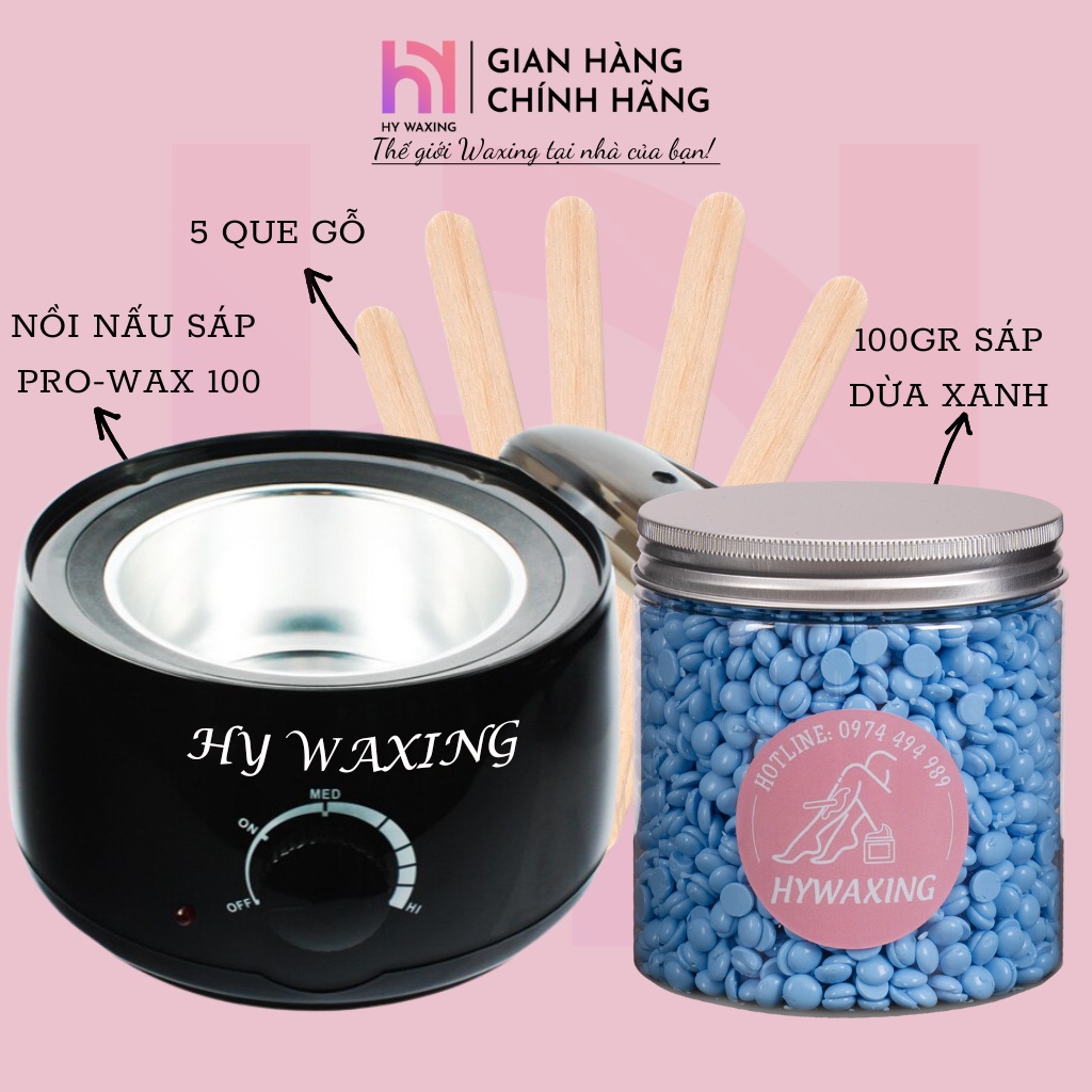 [CHE TÊN] Combo 100gr Sáp Dừa Xanh Premium + Nồi Nấu Sáp Wax Lông ProWax100 HY WAXING Tặng Que