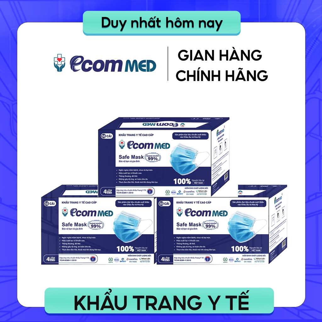 Combo 3 Hộp Khẩu trang Y tế EcomMed 4 lớp Thông Thoáng Không Đau Tai kháng khuẩn 99% (hộp 50 cái)