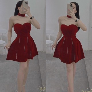 Đầm nhung đỏ cúp ngực đính tua đá kèm chocker cổ, váy ngắn xoè nhẹ thiết kế sang trọng quý phái dự tiệc đi chơi noel tết