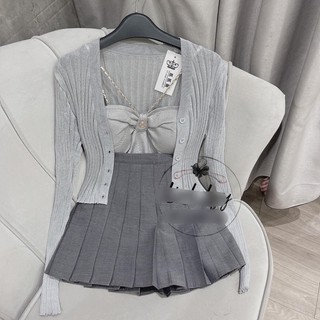 Áo thun gân len tăm hai dây kèm khoác , Áo croptop nữ tay dài phối xích có mút ngực Áo croptop nơ ngực kèm dây xích🏝🏝L