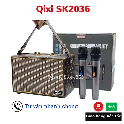 Loa karaoke bluetooth sách tay QiXi SK2036 kèm 2 micro không dây hỗ trợ USB thẻ nhớ TF Bluetooth V5.0 có cổng mic 6.5