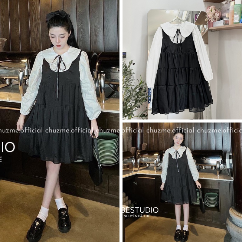 SET áo sơ mi cổ sen dài tay kèm váy babydoll voan 3 tầng chuzme
