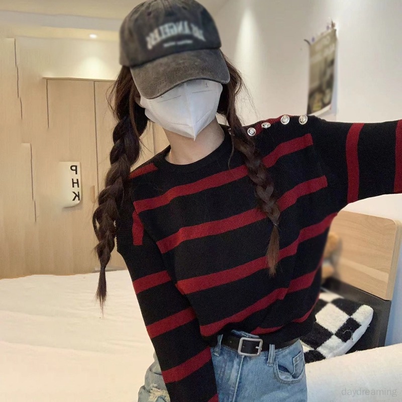 Áo Sweater Dệt Kim Tay Dài Dáng Rộng Hoạ Tiết Kẻ Sọc Phong Cách Retro