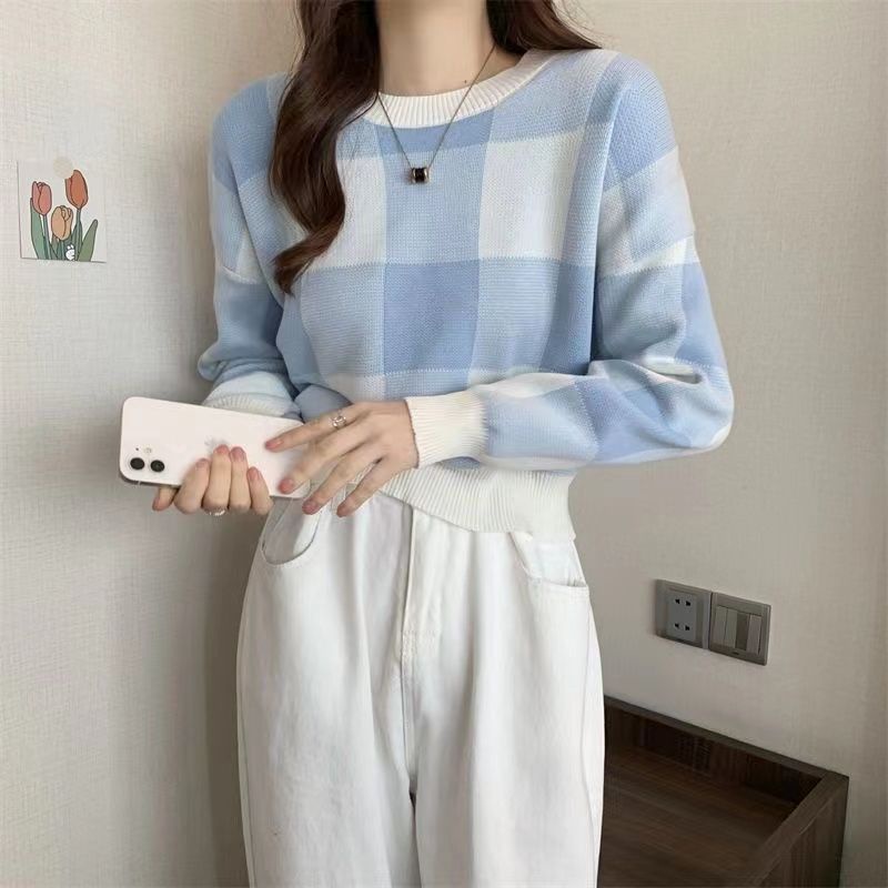 COZOK Áo Sweater Tay Dài Dáng Ngắn Kẻ Sọc Kiểu Hàn Quốc Thời Trang