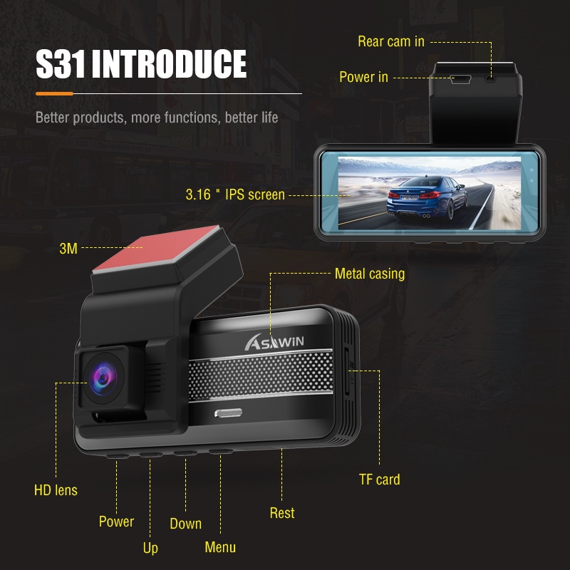 Asawin S31 WIFI Dash Cam Camera hành trình kép cho ô tô chế độ xem ứng dụng DVR trên ô tô Máy ảnh ô tô 13.16 IPS MÀN HÌNH Full HD 1080P 170 ° Ống kính DUAL Tầm nhìn ban đêm