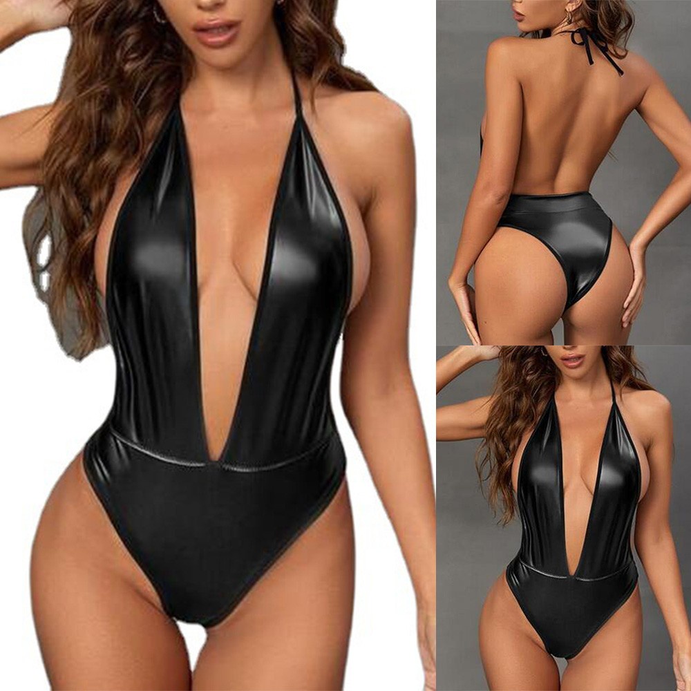 Bộ Áo liền quần Da PU Cổ Chữ V Gợi Cảm Cho Nữ