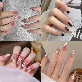 Set 24 móng tay giả họa tiết đính nơ đáng yêu / móng tay giả kèm keo / móng tay giả đính đá