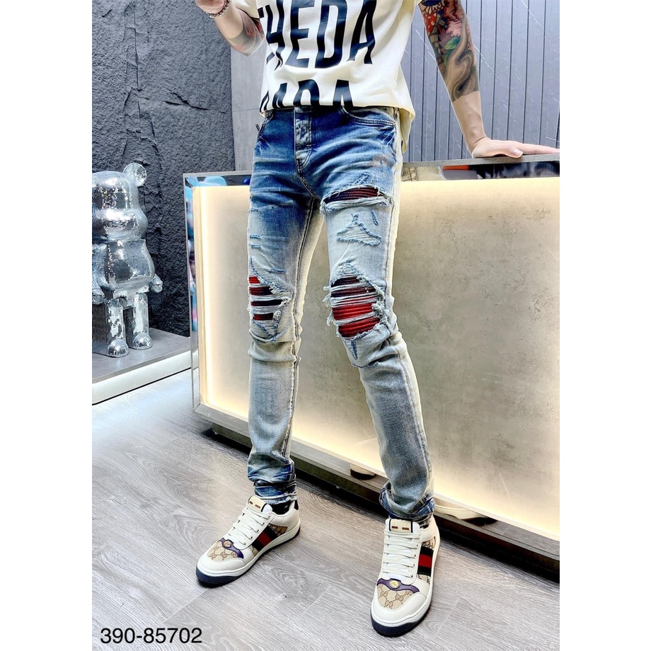 Quần Jeans Nam Xanh Amiri Vá Đỏ Hàng Cao Cấp - Quần Jeans Nam Rách Hót Nhất 2022