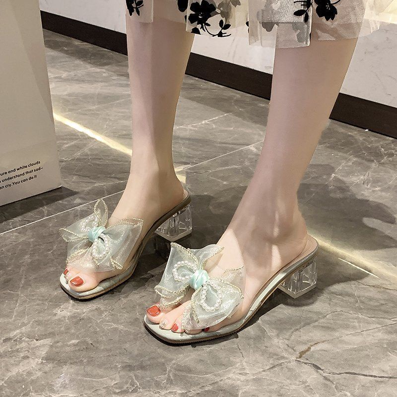 Dép Cao Gót Quai Ngang Trong Suốt Đính Nơ Và Ngọc Trai Thời Trang Mùa Hè Xinh Xắn Cho Nữ