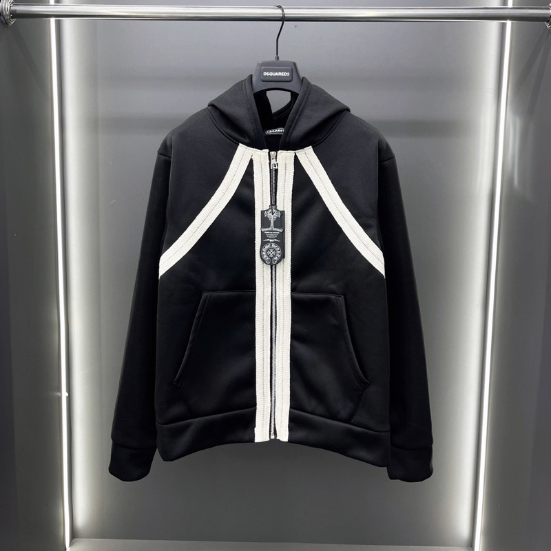Áo khoác hoodie zip nam nữ Chrome Hearts thêu vạch sữa dọc khoá chéo vai chất nỉ bông dày dặn đẹp