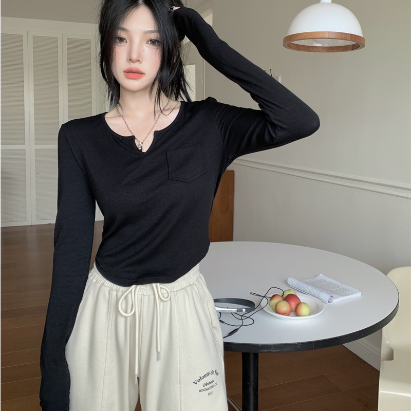 Áo croptop SUXI tay dài cổ chữ V thiết kế đơn giản thời trang mùa thu cho nữ