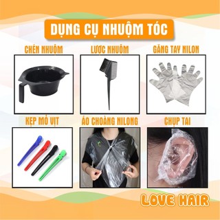 Combo dụng cụ Nhuộm tóc Tẩy tóc tại nhà Chén nhuộm, Lược nhuộm, Bao tay, Kẹp vịt, Áo choàng Nilong, Chụp tai